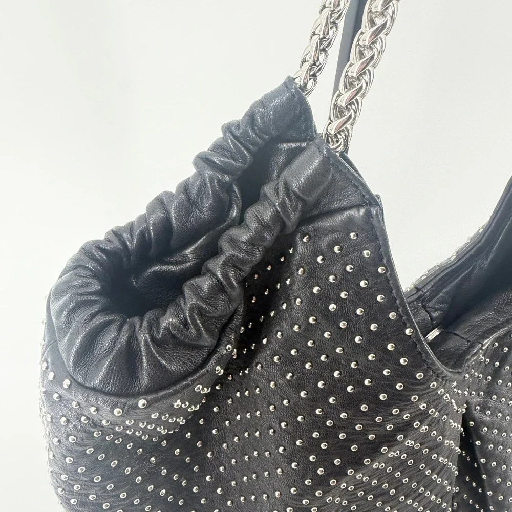 NEW Elie Tahari Bianca Black‎ Studded Leather Hobo Shoulder Bag Silver Chain